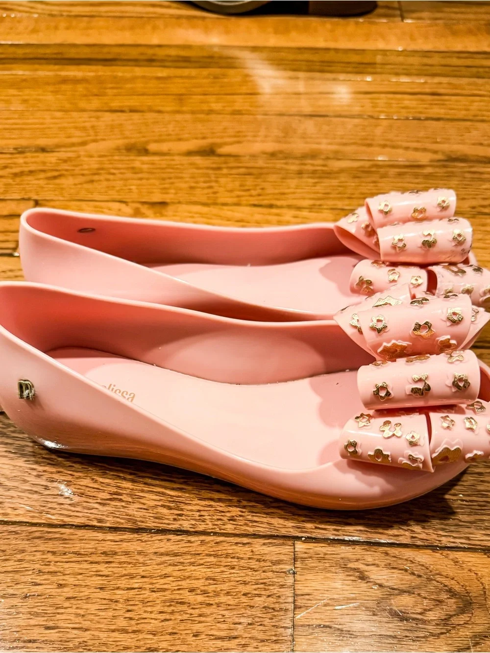 Mini Melissa Pink Bow Jelly Flats with Gold Accents